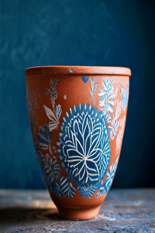 A close-up shot of a terracotta pot with a beautifully stenciled floral pattern in white against a deep blue background