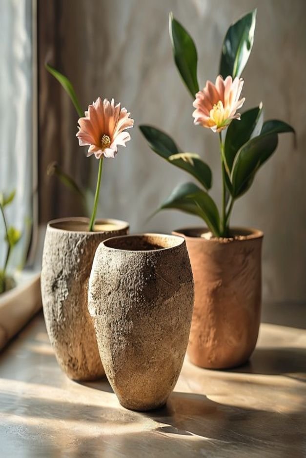 A detailed shot of two flower pots with distinct textured finishes One pot has a sandy gritty texture in an earthy brown