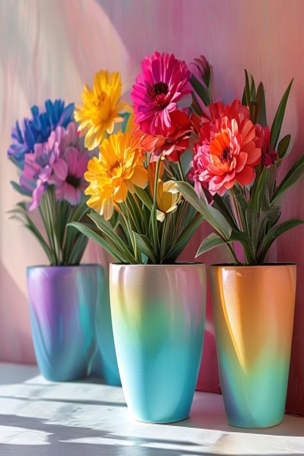 A vibrant display of flower pots featuring ombre gradients and bold color blocking One pot transitions smoothly from a s