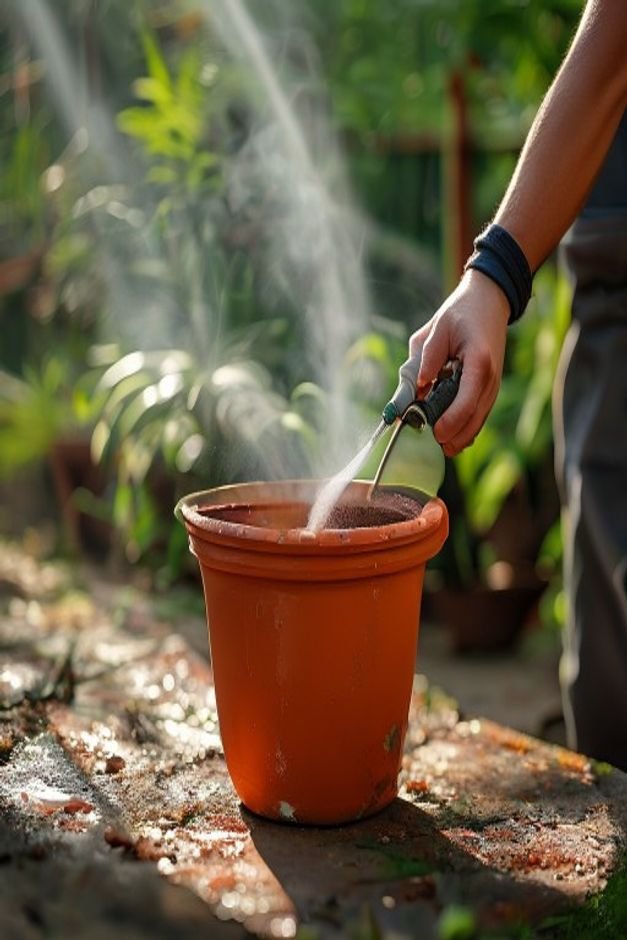 A gardener s hands applying a clear sealant spray to a freshly painted terracotta pot on a protected outdoor surface The