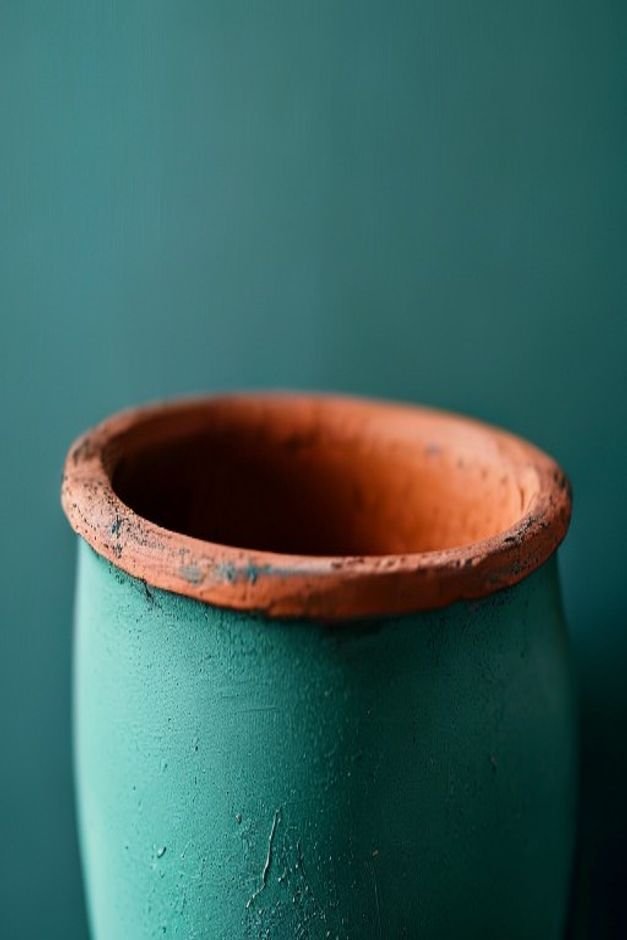 A close-up eye-level shot of a freshly painted terracotta pot in a solid muted blue-green color The paint finish is matt