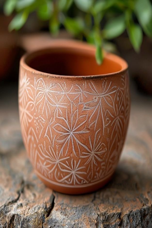 A detail shot of a terracotta pot with a delicate stenciled pattern in white on a natural terracotta base The pattern is