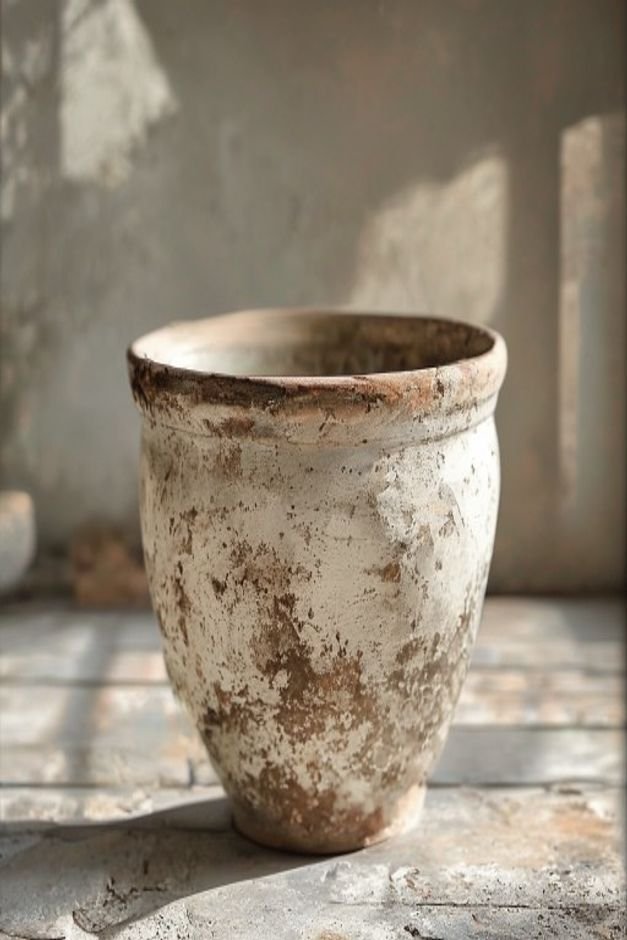 A rustic whitewashed terracotta pot with a slightly distressed finish giving it an aged Mediterranean feel The pot holds