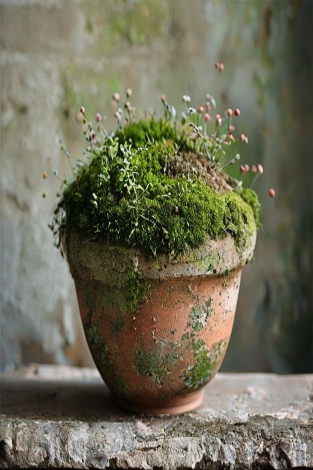 A weathered terracotta pot naturally covered in soft green moss and subtle mineral deposits showcasing an authentic aged