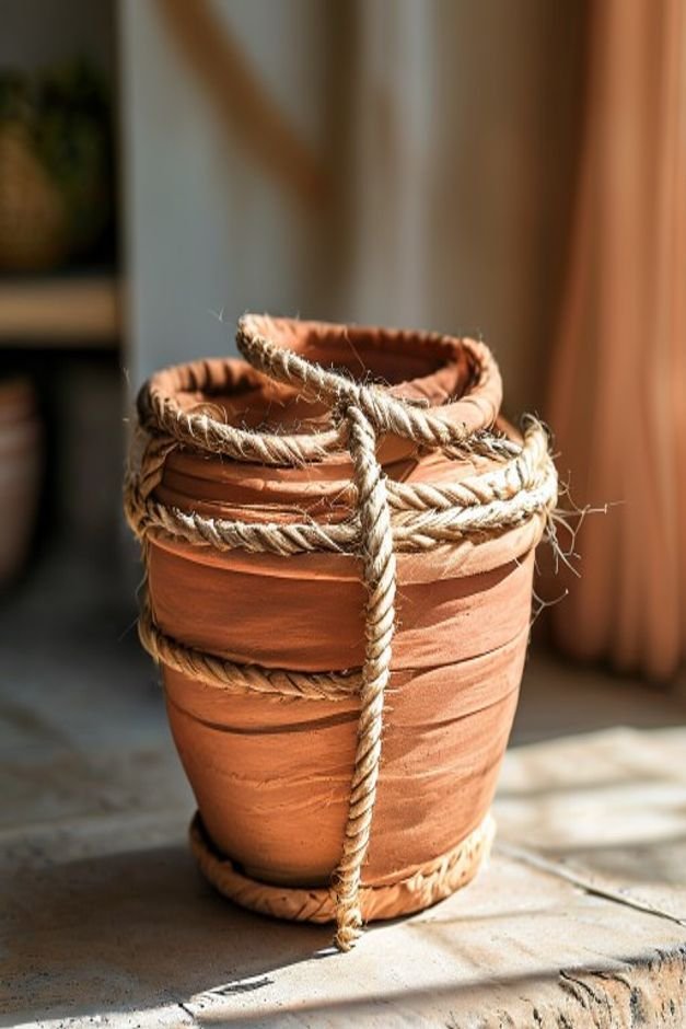 A medium shot of a terracotta pot wrapped meticulously with natural jute rope around its upper rim adding a tactile text