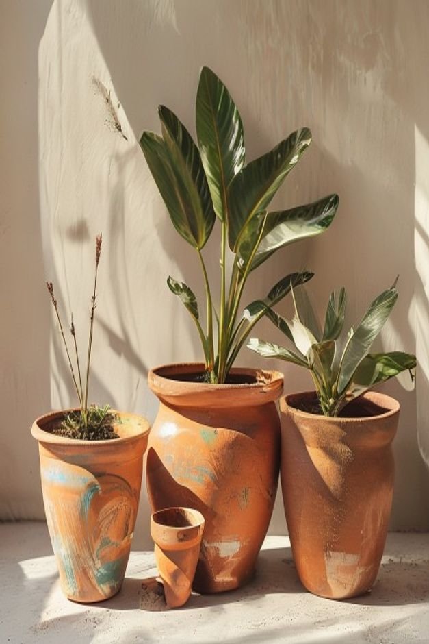 An artful grouping of three to five terracotta pots of different sizes and refreshed styles e g one painted one natural