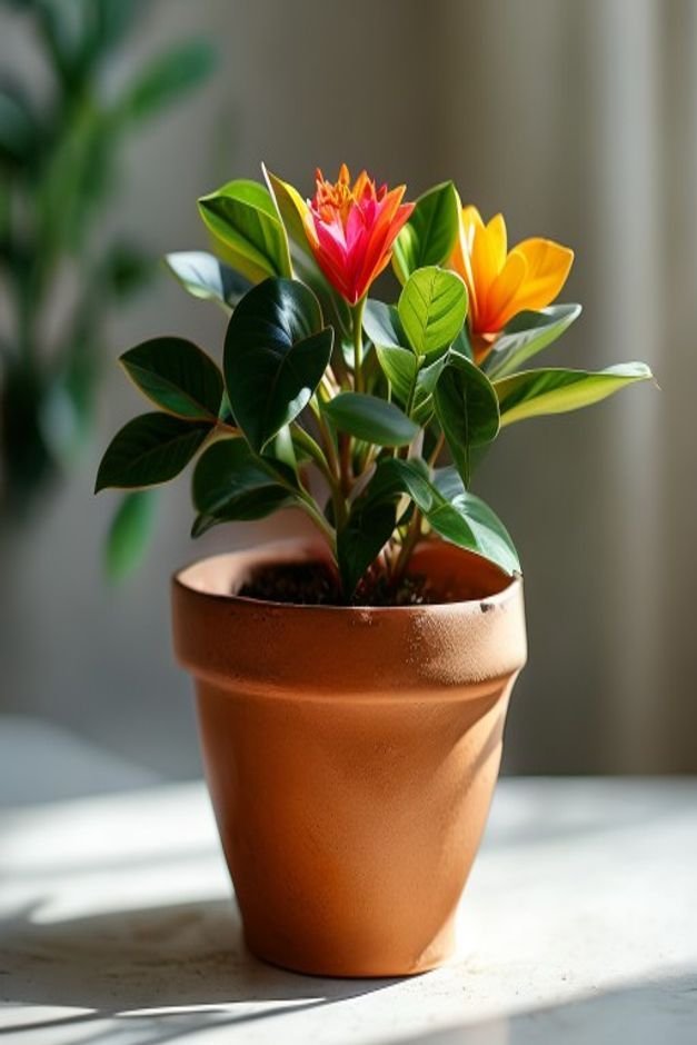 A close-up of a terracotta pot holding a carefully chosen plant where the foliage or flower color perfectly complements